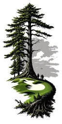 pine forest wrap around tree golf course family tattoo design idea