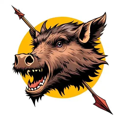 a wild hogs head penetrated by arrow tattoo design idea