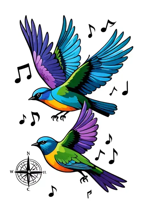 blue bird, green bird, purple bird flying home with music notes and compass tattoo design idea