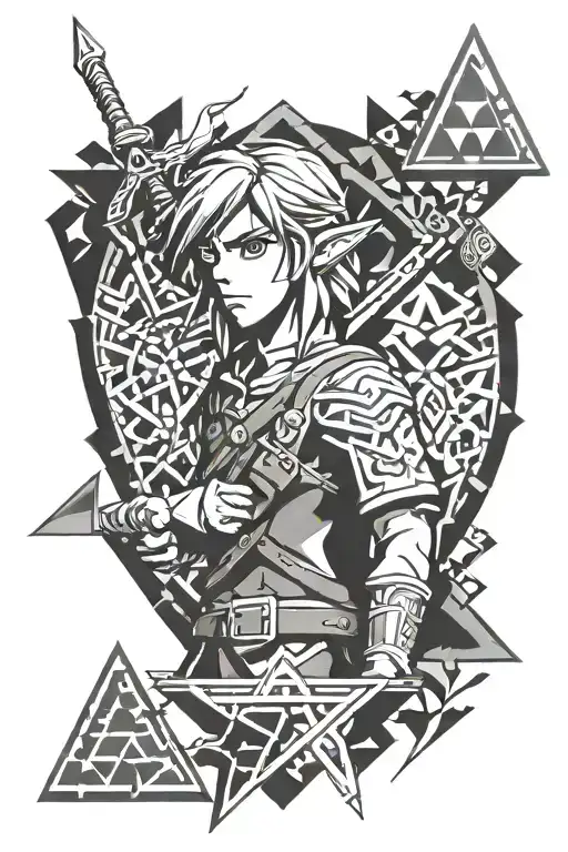 legend of zelda link geometric, detailed face, tattoo design idea