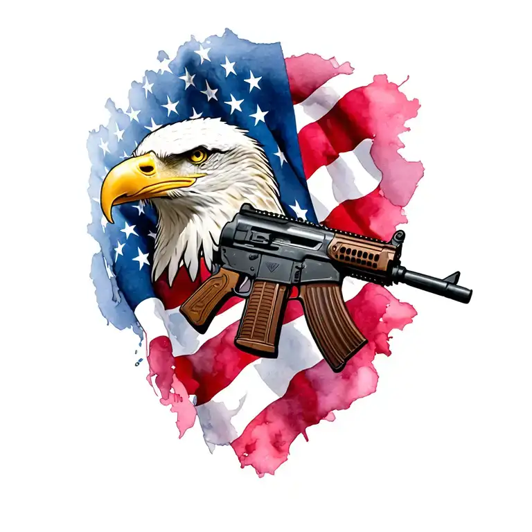 tattered American flag with bald eagle head with crossed ar15  tattoo design idea
