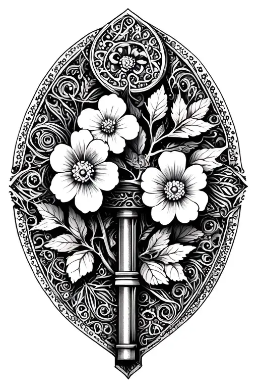 Old key with intricate patterns and a forget-me-not flower branch tattoo design idea