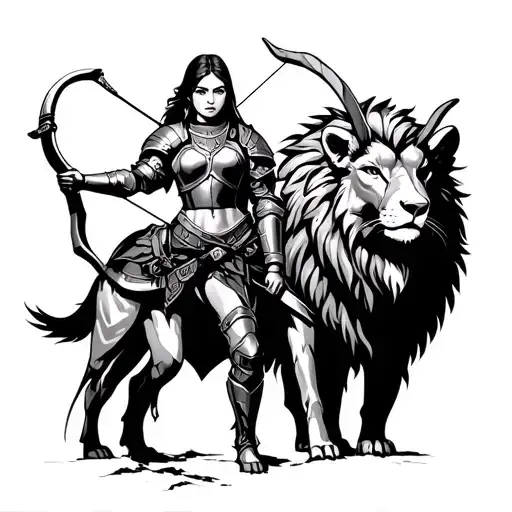 Strong female archer in full armor, with a lion and mountain goat, symbolizing strength, loyalty, and protection in bold tattoo design idea