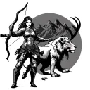Strong female archer in full armor, with a lion and mountain goat, symbolizing strength, loyalty, and protection in bold tattoo design idea