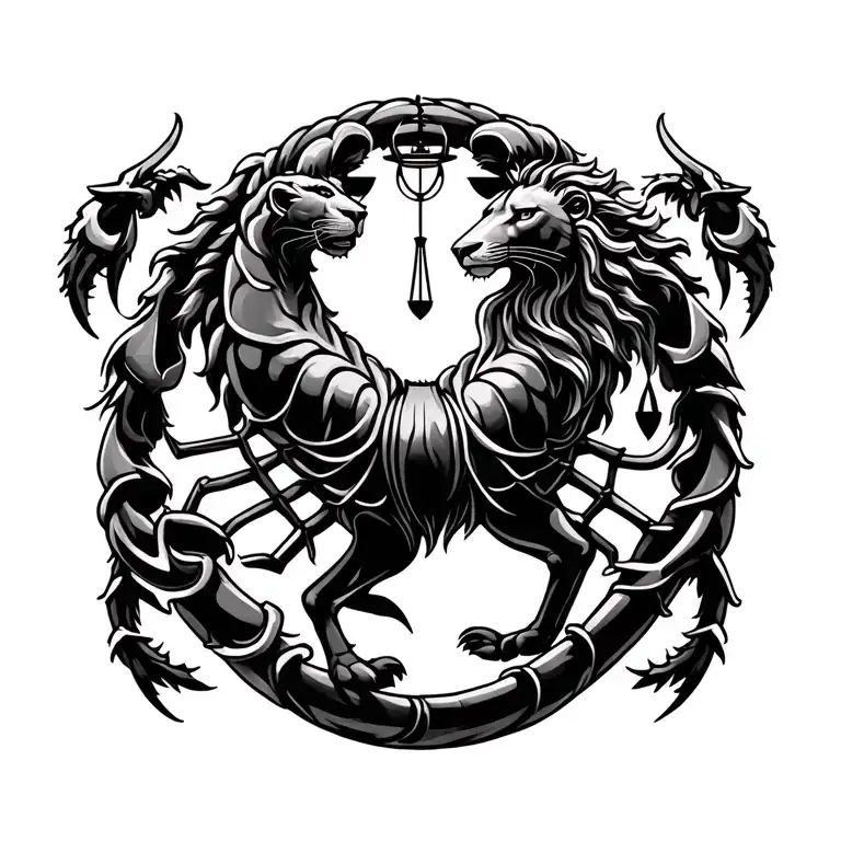 Leo zodiac symbol intertwined with Scorpio zodiac symbol and Libra zodiac symbol tattoo design idea