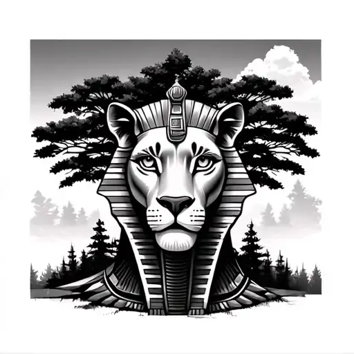egyptian sphinx lion face solid white eyes with trees forest in background tattoo design idea
