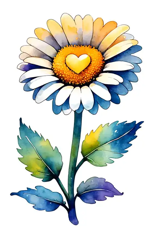 A daisy with a double layer of petals with a heart in the center and a stem with 4 leaves tattoo design idea