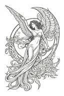moon, broken winged aquarian beautiful angel with phoenix and water tattoo design idea