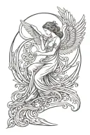 moon, broken winged aquarian beautiful angel with phoenix and water tattoo design idea