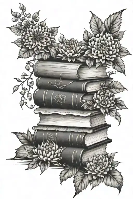 3 books stacked together with vines around it and mums on alternate corners tattoo design idea