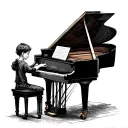 A delicate outline design (without colours) featuring the older you (aged 21) playing a grand piano, while the younger y tattoo design idea