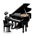 A delicate outline design (without colours) featuring the older you (aged 21) playing a grand piano, while the younger y tattoo design idea