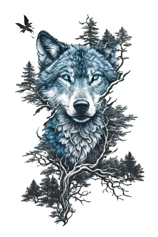 wolf in blue eyes howling forest scene tattoo design idea
