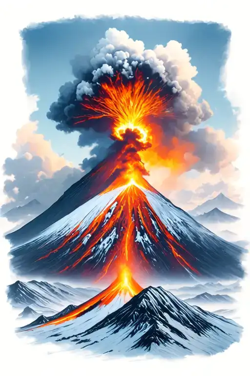 volcano fuego erupting, snowcapped mountains across tattoo design idea