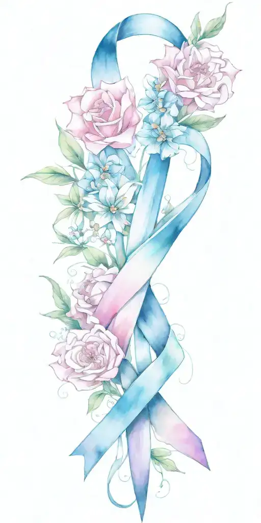 breast cancer awareness ribbon and bouquet tattoo design idea