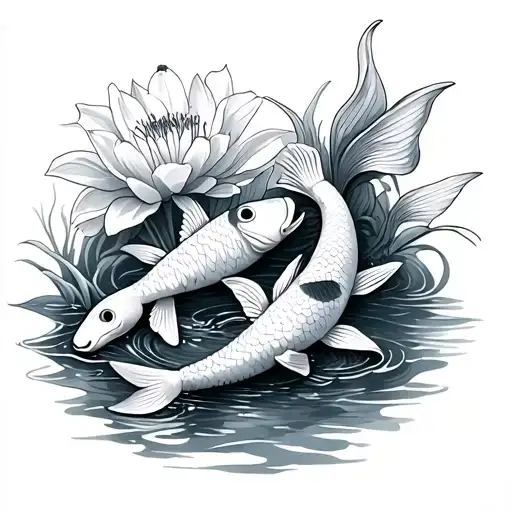 2 koi fish with lily flower growing tattoo design idea
