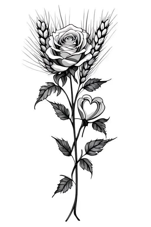 roses and wheat stalk intertwined hearts tattoo design idea