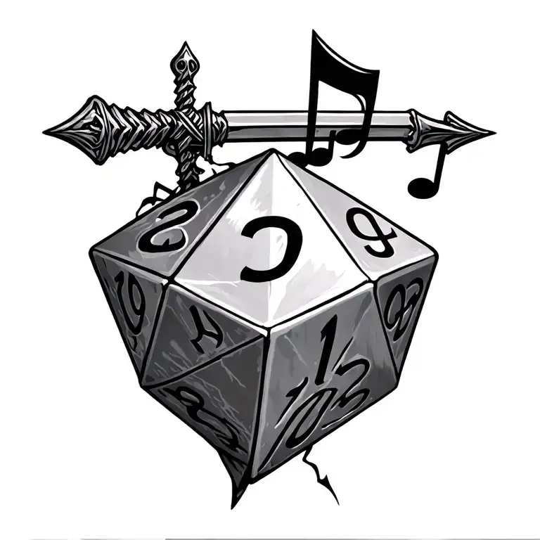 d20 with lightning crossbow and rapier with floating musical notes tattoo design idea