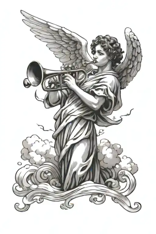 a whole arm with a cloud background, you need an angel at the shoulder level who has a halo and plays a trumpet  tattoo design idea