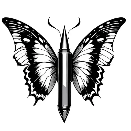 bullet with butterfly wings, cyber sigilism. tattoo design idea