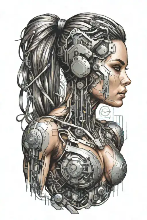 sexy aesthetic bodybuilder muscular women with technology circuits vectors merging tattoo design idea