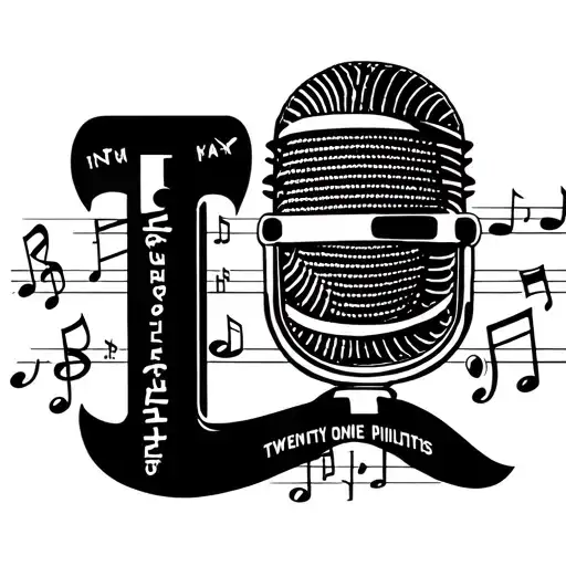 A stylized microphone intertwined with music notes and lyrics from twenty one pilots songs tattoo design idea