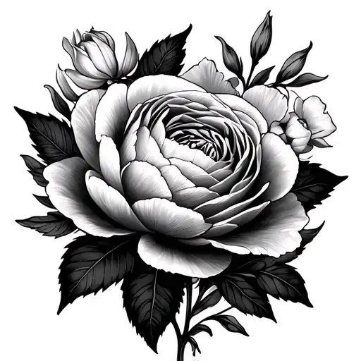 Black And Gray Peony with rose and gladiolus flower tattoo design idea