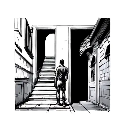 Forearm tattoo sketch. A person standing at the bottom of a vertical staircase, reaching upward. The stairs go up in 3D  tattoo design idea