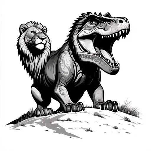 trex with lion sitting on top tattoo design idea