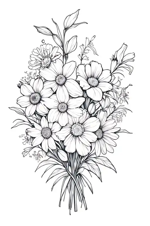 bouquet of flowers with 1 daffodil, 1 daisy, 1 rose, 1 honeysuckle, 1 gladiolus, 1 marigold, 1 cosmo, and 1 narcissus tattoo design idea