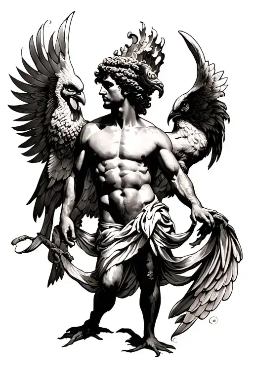 Looks like a Greek god. A little dark looking tattoo with a human body and chicken head and wings on the body. tattoo design idea