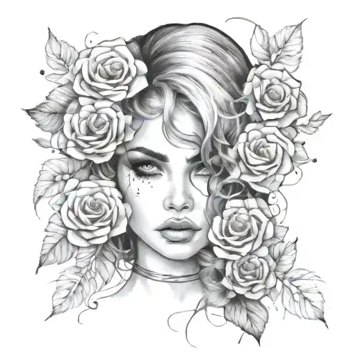 beautiful girl with beautiful eyes and hair looks around. stains splashes blots and flowers tattoo design idea