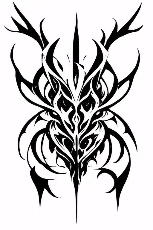 A black and white tribal-style tattoo for a woman’s upper back and shoulder, inspired by cyber sigilism and gothic aesth tattoo design idea
