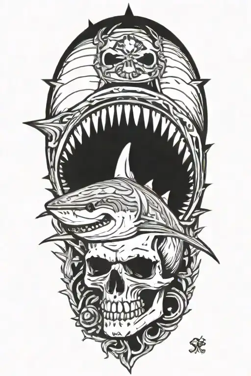 shark with skull and crossbones tattoo design idea