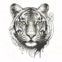 A tattoo design featuring a half tiger face merging seamlessly with half of your face, highlighting your big brown eyes with eyelash extensions and black eyebrows tattoo design idea