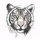 A tattoo design featuring a half tiger face merging seamlessly with half of your face, highlighting your big brown eyes with eyelash extensions and black eyebrows tattoo design idea