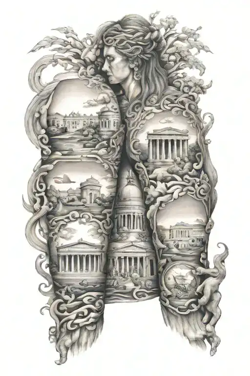 Something that represents family, brother and mother. Also animals with some greek architechture. Left arm full sleeve tattoo design idea