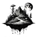 floating island, path, mushrooms, forest, mountain, moon tattoo design idea
