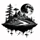 floating island, path, mushrooms, forest, mountain, moon tattoo design idea
