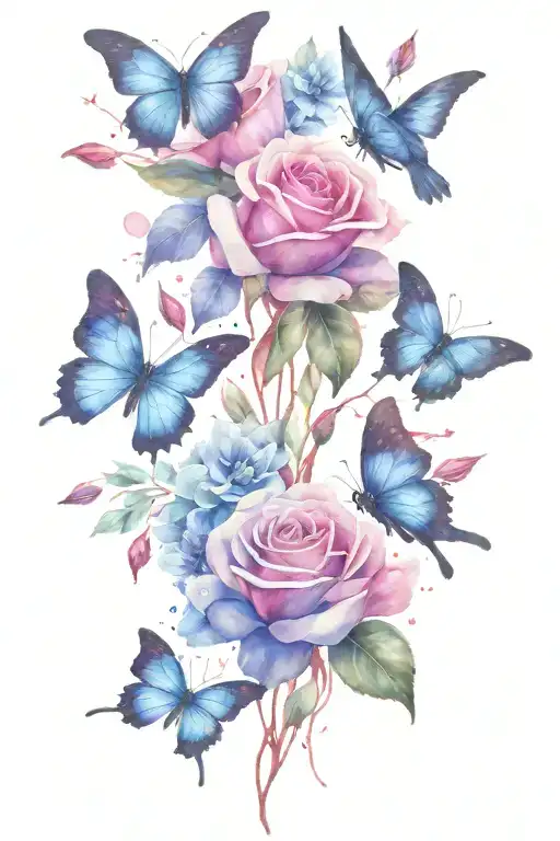  pink roses, blue and purple butterflies, cardinal flying tattoo design idea