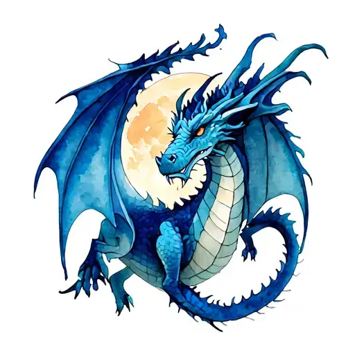 an midieval dragon and a moon in background  tattoo design idea