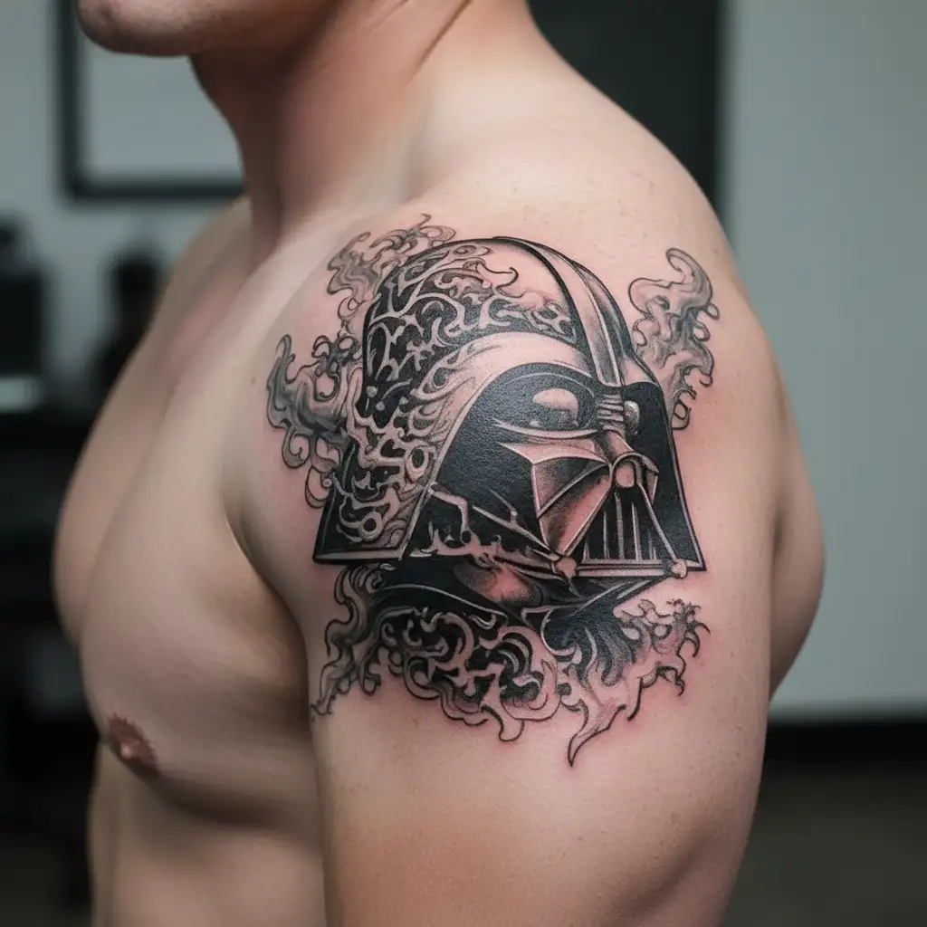 burning forest with Darth Vader's helmet blending into the smoke tattoo design idea