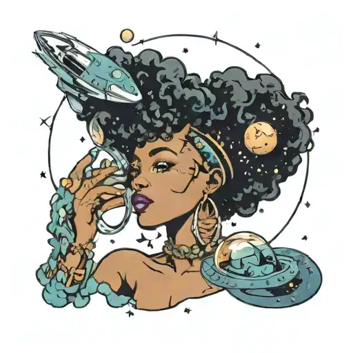 A Afrocentric woman with the galaxy throughout her hair while in space  tattoo design idea