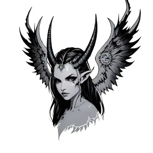 portrait of Female succubus with  draenei horns from WoW with gauged ears, with scorched angelic wings and sun visible  tattoo design idea