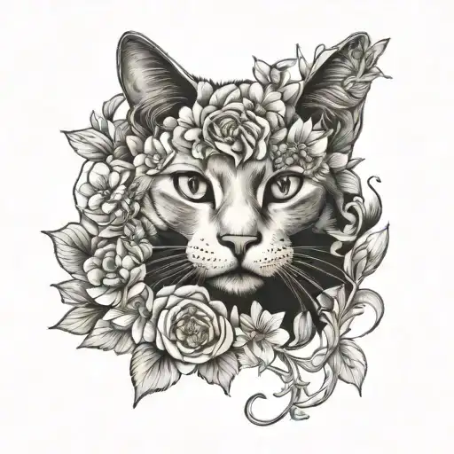 cat with flowers tattoo design idea