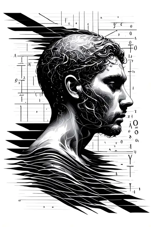 A minimalist black and white tattoo design of a human figure gradually dissolving into a stream of mathematical equation tattoo design idea