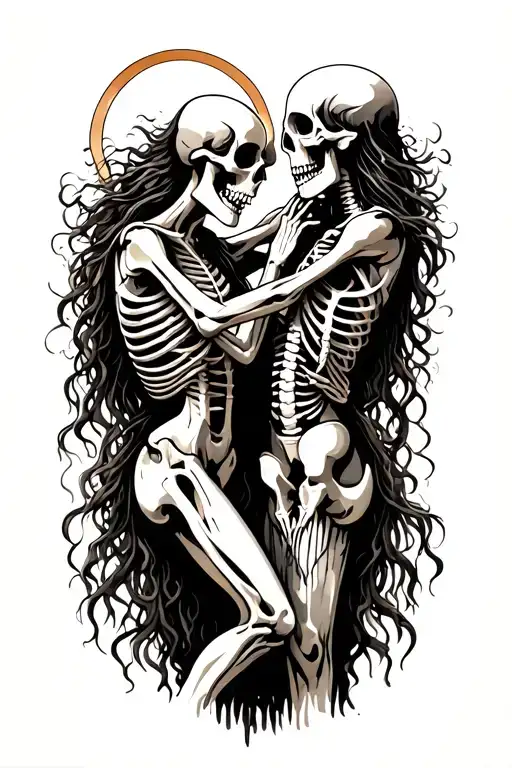 undying love with soulmate skeletons dancing figure surrounded tattoo design idea