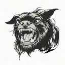 Scary dog staring menacingly baring teeth black shaded with smoke effect tattoo design idea