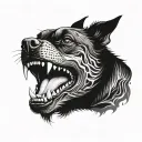Scary dog staring menacingly baring teeth black shaded with smoke effect tattoo design idea