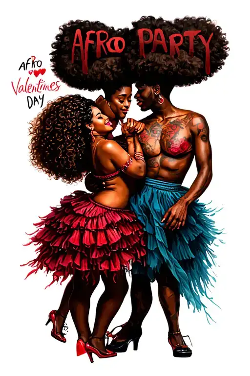 "AFRO PARTY VALENTINES DAY" AFRO PARTY pepole dancing together symbolizing tattoo design idea